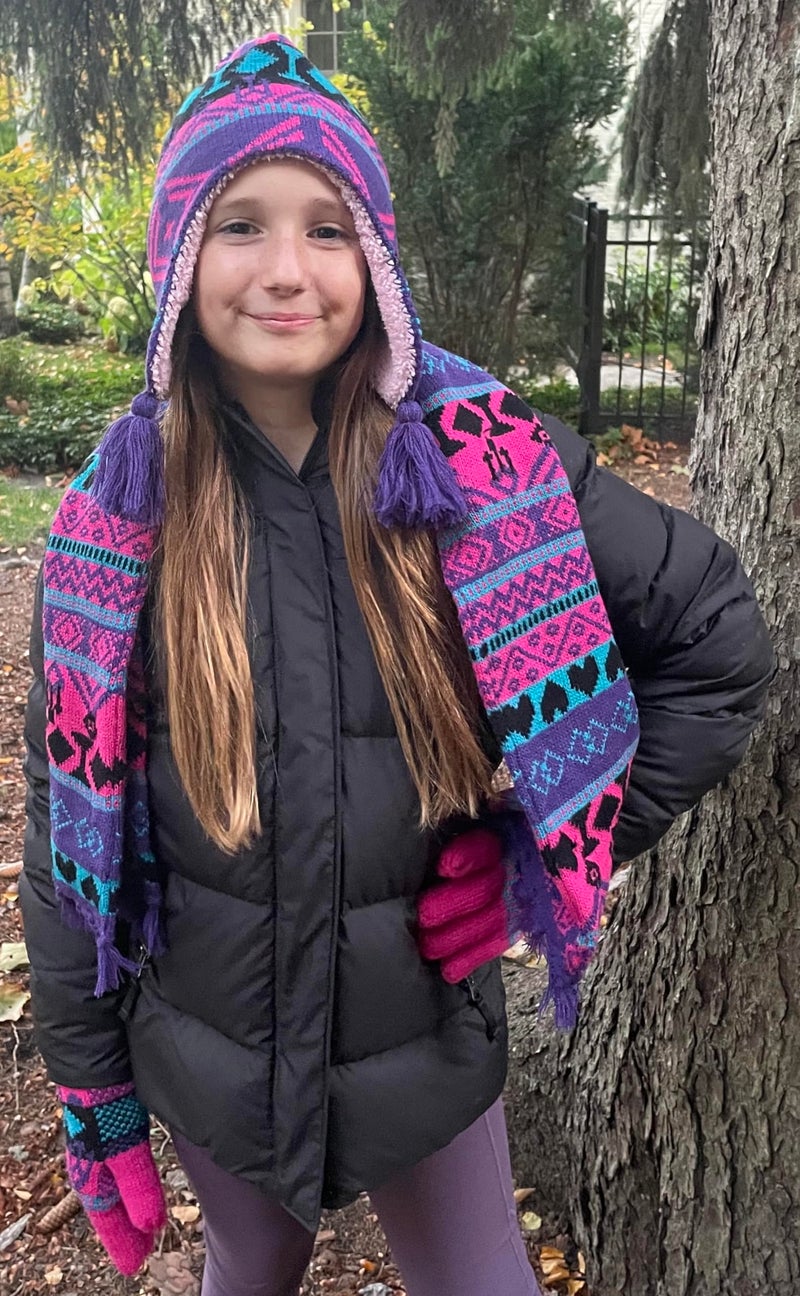 N'Ice Caps Kids Hat Glove Scarf Girls Winter Knit Accessory Set Warm Sherpa Lined 3 Piece (8-12 Years, purple/turq/fuchsia/black) - Image 5